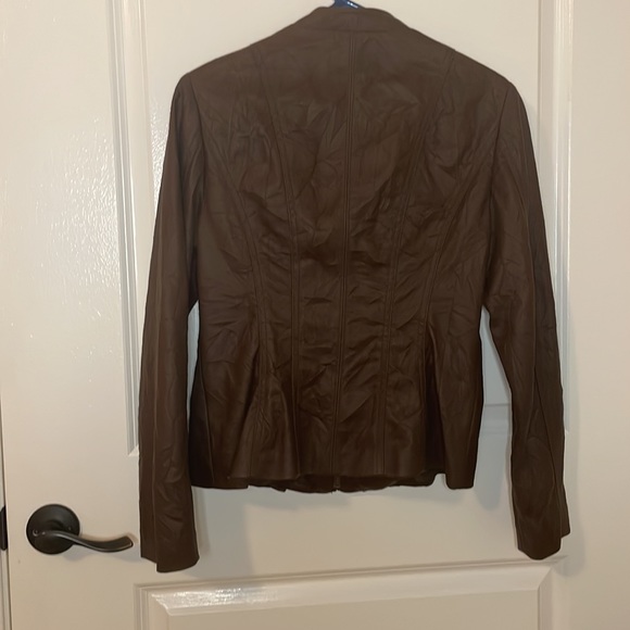 Ladies brown pleather jacket, size S. Zip front, brass and ruffle trim - Picture 5 of 8